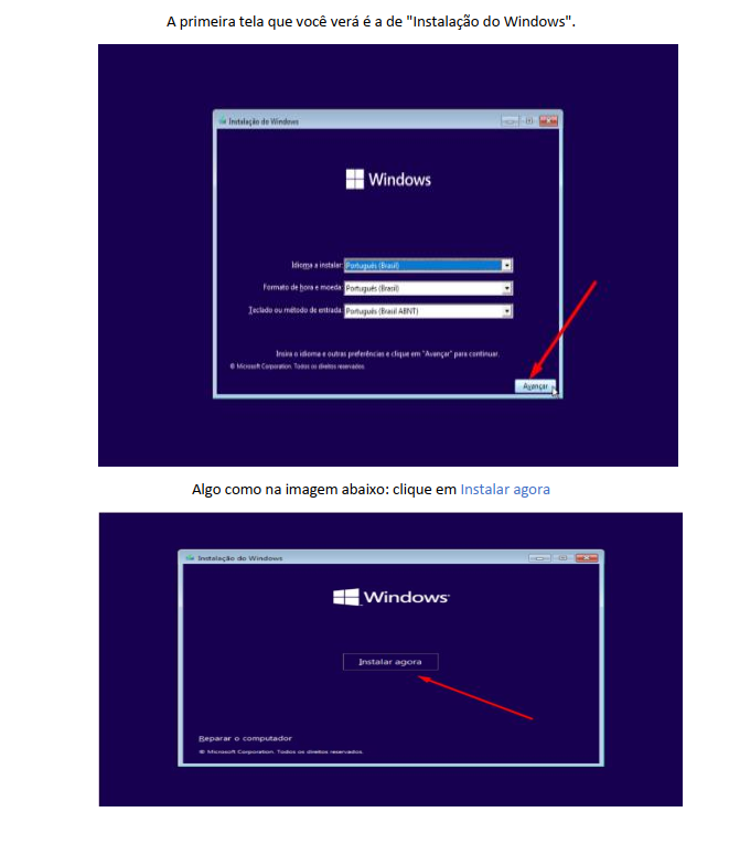 Tela inicial de instalação do Windows