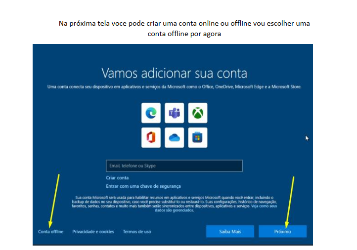 Tela de escolha de conta online ou offline