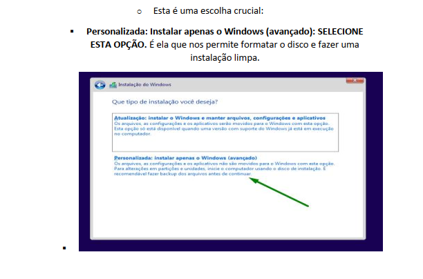 Tela de seleção do tipo de instalação do Windows
