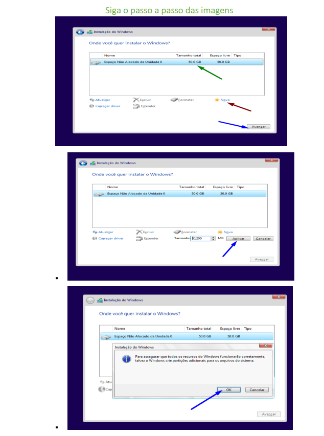 Tela de particionamento de disco do Windows