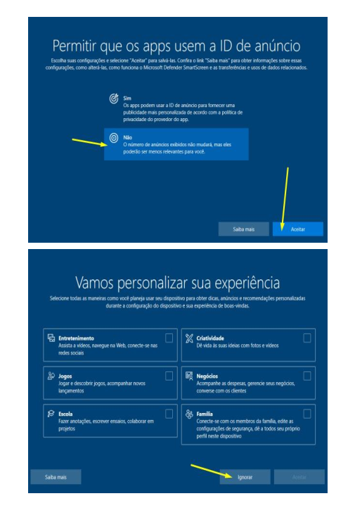 Tela de configurações de privacidade